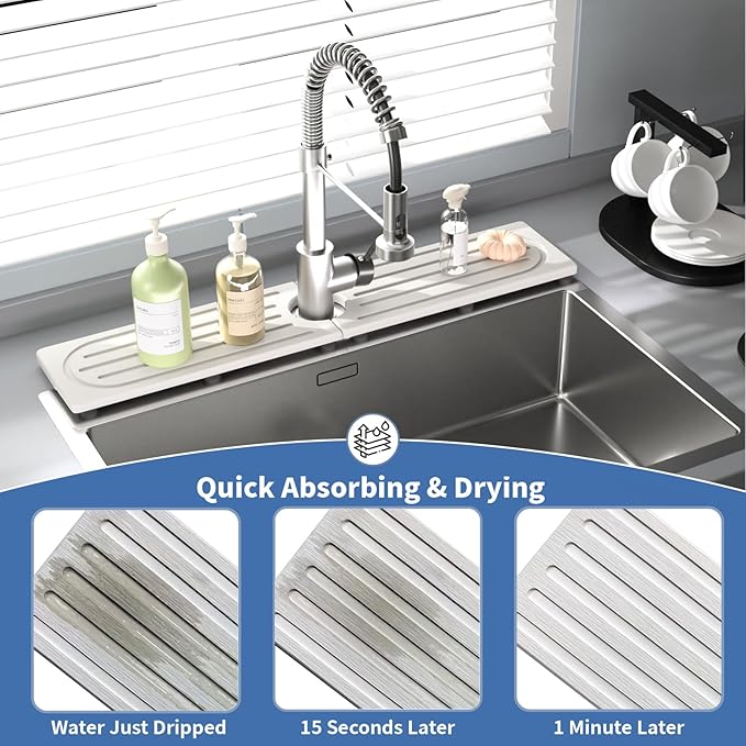 Kitchen Faucet Mat, Diatomite Sink Faucet Mat Splash Guard for Kitchen, Water Absorbing Stone Tray for Sink, Quick Drying Faucet Mat for Kitchen Sink, Absorbent Stone Drying Tray for Bathroom Counter