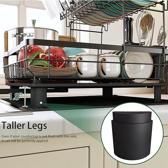 Small 2 Tier Dish Drying Rack, Space Saving Dish Racks for Kitchen Counter, Kitchen Organizer Dish Drainer with Cutlery Holder for Spoons and Forks, 11''W x 15''L, Black