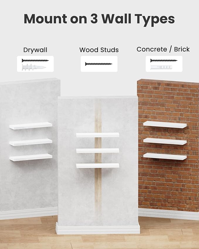 AMADA HOMEFURNISHING Floating Shelves, Wall Shelves for Bathroom/Living Room/Bedroom/Kitchen Decor, White Shelves with Invisible Brackets Set of 3 - AMFS08 | AMADA HOMEFURNISHING, Floating Shelves, Wall Shelves, for Bathroom, for Living Room, for Bedroom