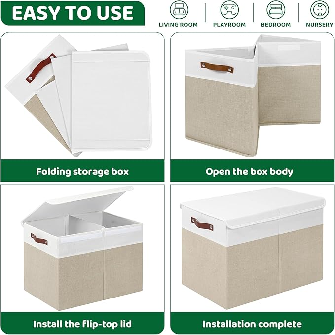 Large Toy Storage Box With Lid, Foldable Toy Storage Box with Handle and Dividers,Toy Storage Chest Suitable for living rooms, studies and bedrooms（24"X13"X16",White & Beige）
