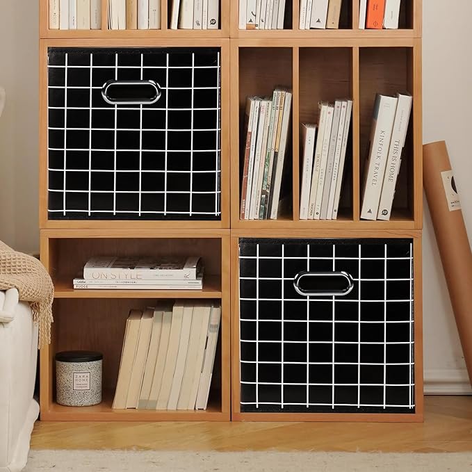 Yunkeeeper storage bins Cubes, Fabric Cube Organizer with Handle, Foldable Cube Bins for Cloth or Accessary Storage, 11x11x11, Set of 3,(Black grid)
