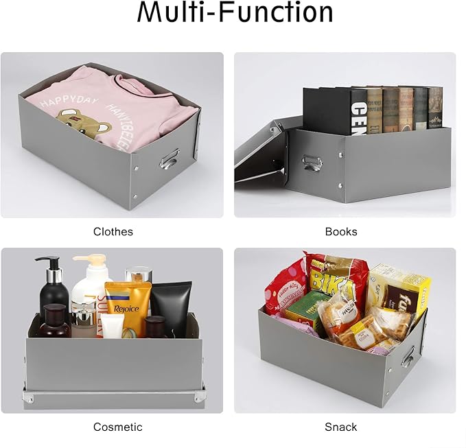 SEEKIND Storage Box, Decorative Storage Bins with Lid,3 in 1 Set,Plastic,with Handles,Press-Stud Fastening,Moisture-Proof,Foldable for Space Saving Storage,for Clothes, Cosmetic,Blankets (Grey) …