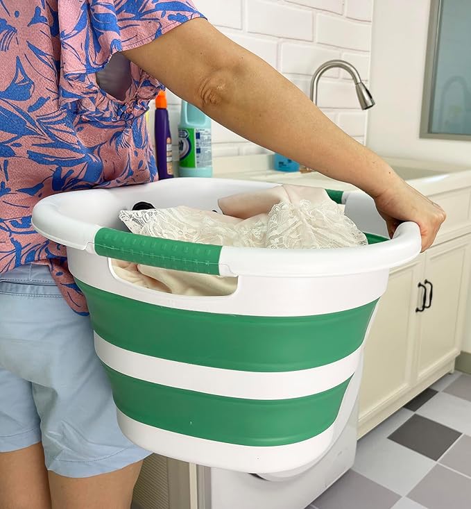 SAMMART 40L (10.5 gallon) Set of 2 Collapsible Plastic Laundry Hamper - Foldable Pop Up Storage Container/Organizer - Portable Washing Tub - Space Saving Basket (2, White/Winter Green)