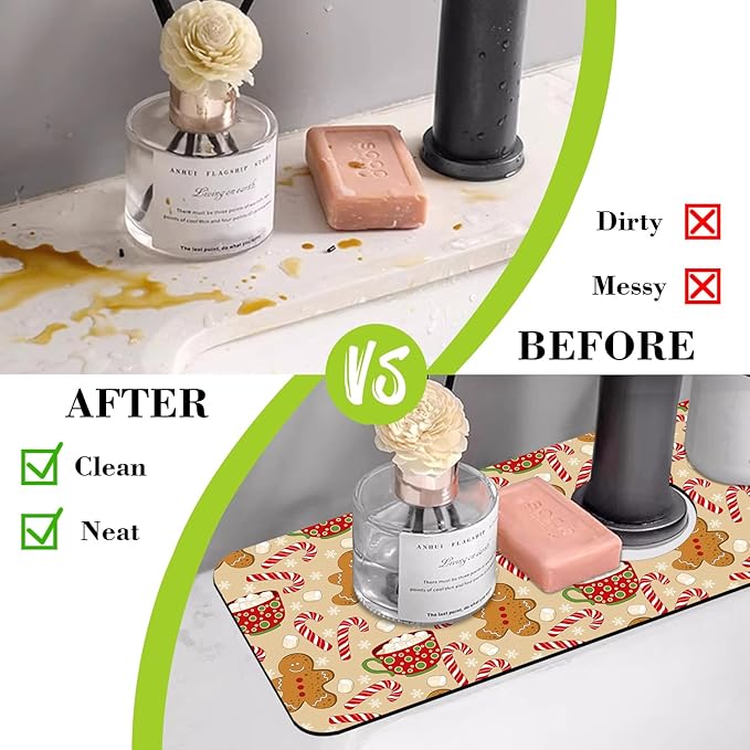 Chrismas Sink Splash Guard Faucet Mat Christmas Absorbent Fast Drying Mat Sink Gadgets Splash Guard Behind Faucet Drip Catcher for Kitchen Bathroom 15.5"X5.5"