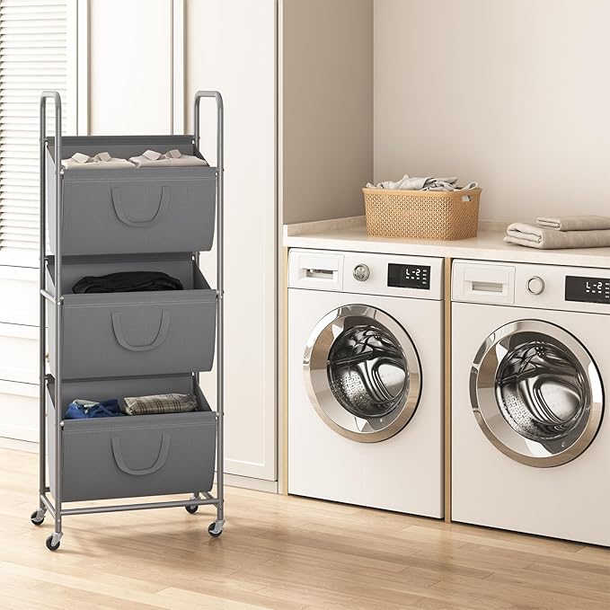 ELYKEN 120L Vertical Rolling Laundry Hamper with Removable Bags, 3 Section Laundry Baskets with Wheels, Space-Saving 3 Tier Laundry Sorter for Small Spaces, Dorm, Bedroom, Bathroom, Laundry Room