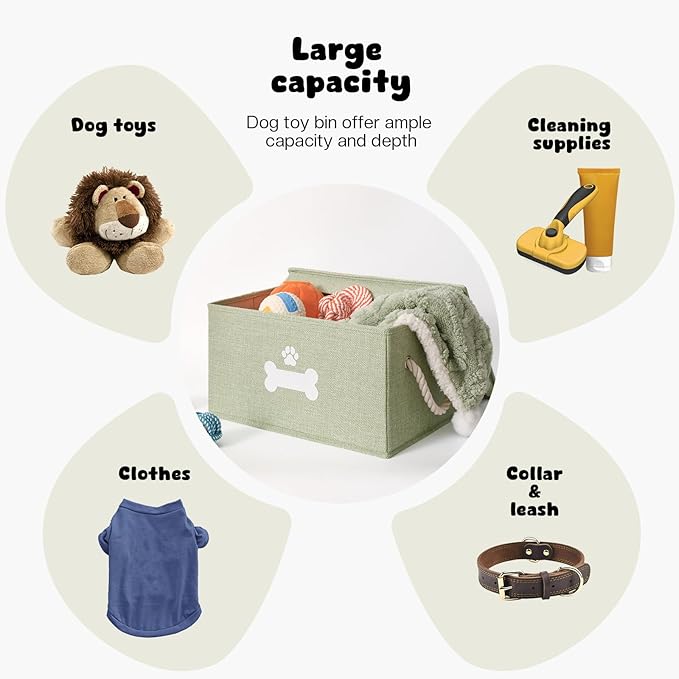 Dog Toy Basket with Lid, Dog Basket for Toys, Dogs Toy Box with Cotton Rope Handles, Collapsible Storage Bins for Pet Toys, Dogs Storage Organizer, Green
