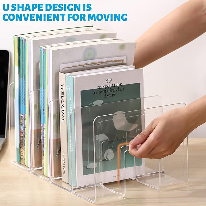 Marte Vanci Clear Acrylic File Sorter, Sturdy Desk File Organizer Shelf Book Holder Purse Handbag Clutch Divider File Folder Rack for Letter Cookbooks Home Office Kitchen Supplies 4 Sections (4 Pcs)