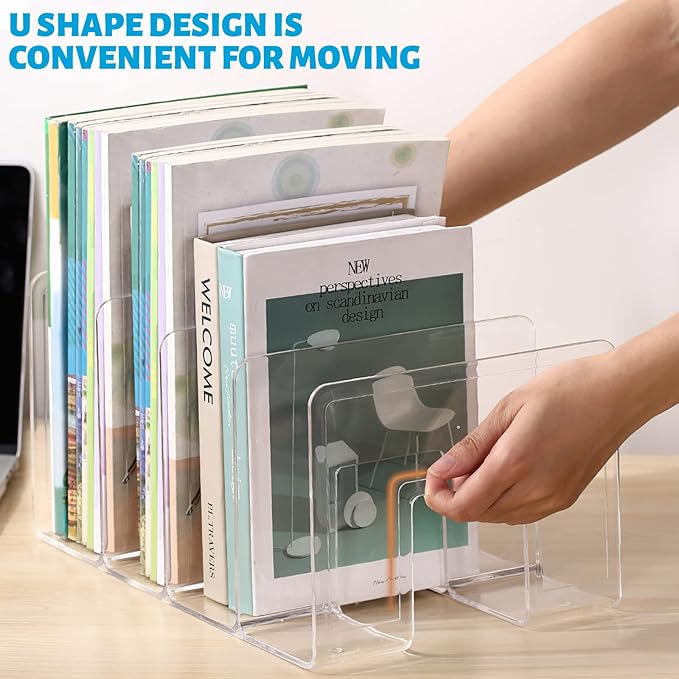 Marte Vanci Clear Acrylic File Sorter, Sturdy Desk File Organizer Shelf Book Holder Purse Handbag Clutch Divider File Folder Rack for Letter Cookbooks Home Office Kitchen Supplies 4 Sections (2 Pcs)