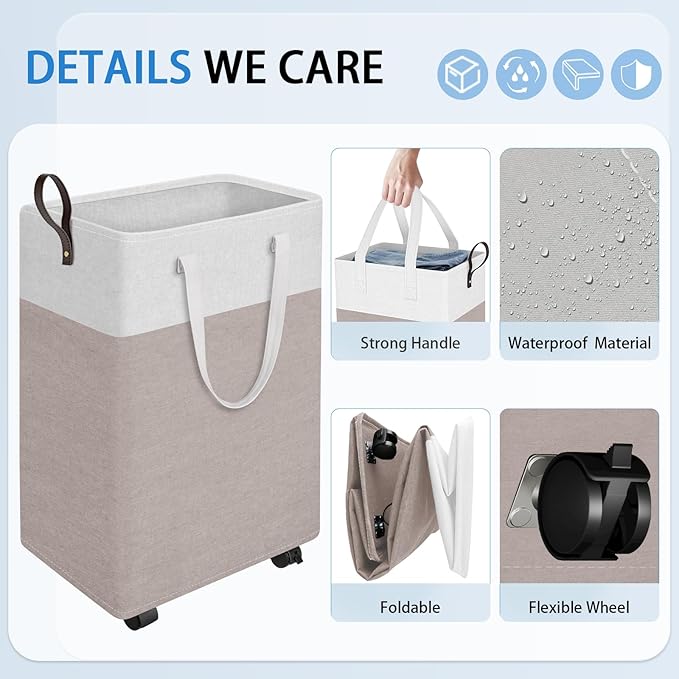 HomeHacks Laundry Basket with Wheels, Rolling Laundry Hamper, Collapsible & Waterproof Clothes Hamper, Narrow Corner Bins with Extended Handles for in the Family & Dorm 90L, Khaki