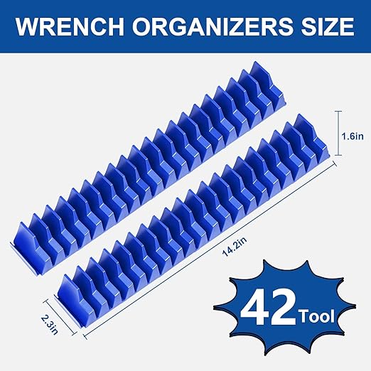 42-Tool Magnetic Wrench Organizer, Wrench Organizer for Tool Box, Wrench Holder for Tool Drawer Storage - Wrench Rack with Metric & SAE Label. Gift for Father, Brother and Boyfriend (Blue)
