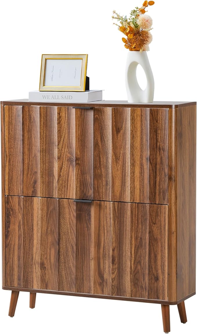 Bifins 31.5” Fluted Shoe Cabinet Storage with 2 Flip Drawers,Narrow Freestanding Shoe Storage Organizer,Slim Shoe Rack Cabinet for Entryway,Hallway (Walnut)