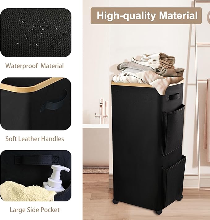100L Large Laundry Hamper with Lid Wheels, Rolling Laundry Basket with Removable Bag Side Pockets, Heavy-Duty Laundry Room Organization and Storage for Dorm Small Spaces (Black)