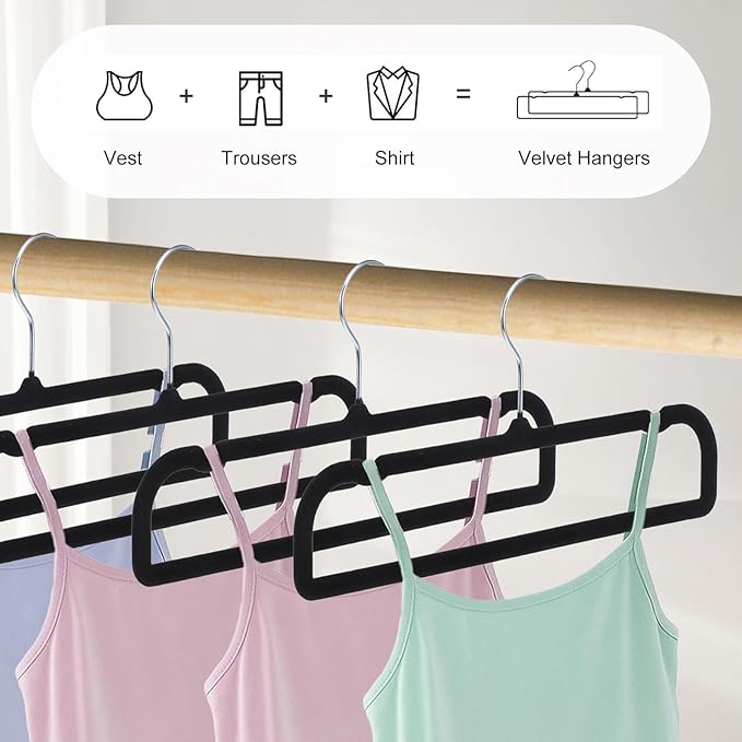 Velvet Pant Hangers Non Slip 20 Pack Black Velvet Hangers Plastic Rectangular Slim Velvets Hanger with 10 Hooks for Jean, Bra, Shorts