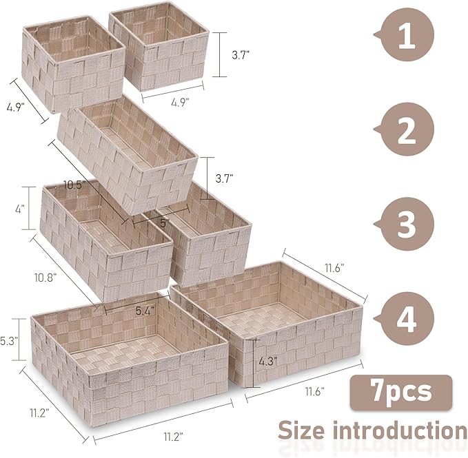 Storage Bins Woven Organizer Set of 7 – Polypropylene Storage Baskets with Metal Frame, Stackable Fabric Boxes for Drawers, Closet, Shelf, Nursery and Office, Beige