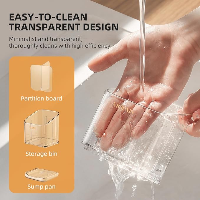 Minimalist Sponge Holder for Kitchen Sink, 3 Slots Sink Caddy with Removable Divider and Drip Tray, Clear PET Countertop Organizer to Free up Kitchen Sink Space