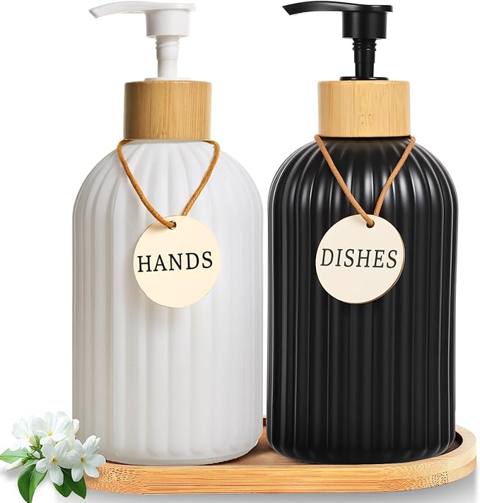 2 Pack ViserVita Glass Hand Soap Dispenser Set with Bamboo Pump, Elegant Refillable Liquid Dish Soap Dispenser with Tray, Perfect for Kitchen Sink and Bathroom Decor
