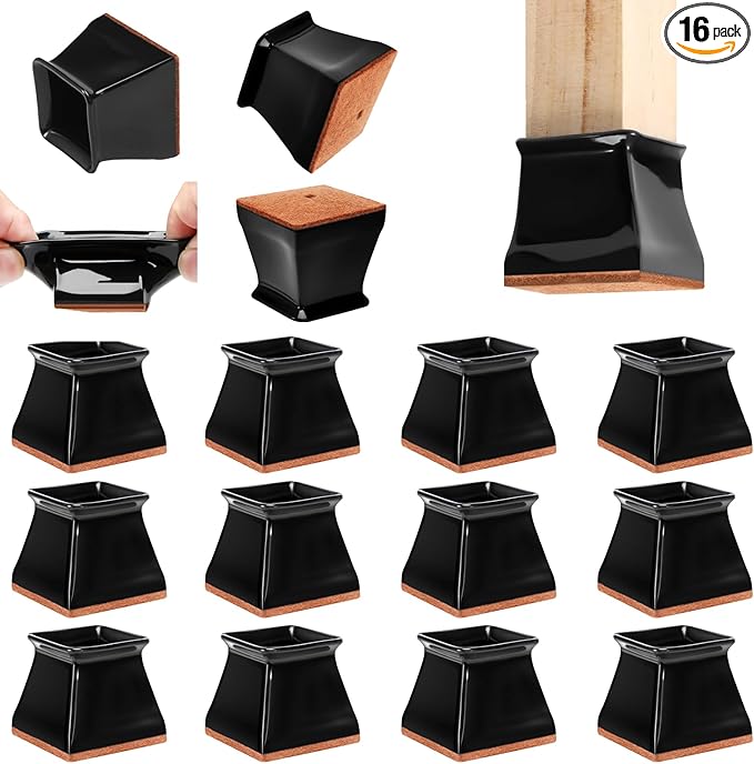 CHUNZEXI 16 Pack Square Chair Leg Floor Protectors for Hardwood Floors, Silicone Felt Covers Pads Caps, Protect Wood Furniture Feet Floors Noise Reduce and Scratch (Square Small & Black)