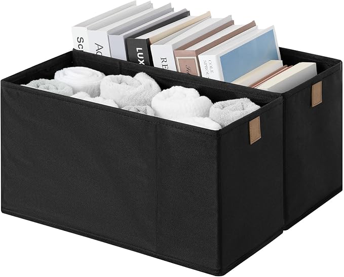 StorageWorks Long Narrow Storage Basket, Collapsible Fabric Storage Bins, Small Baskets for Organizing with PU Handle, Great for Clothes, Towels, and Socks, Black, 2-Pack