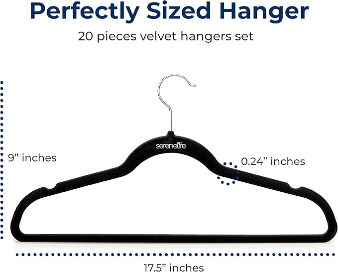 SereneLife 20 Pack Velvet Hangers – Non-Slip Clothes Hangers with Heavy Duty Design, Slim Space-Saving Coat Hangers with 360° Swivel Hook, Strong Lightweight Closet Organizer Set for Clothes (Black)