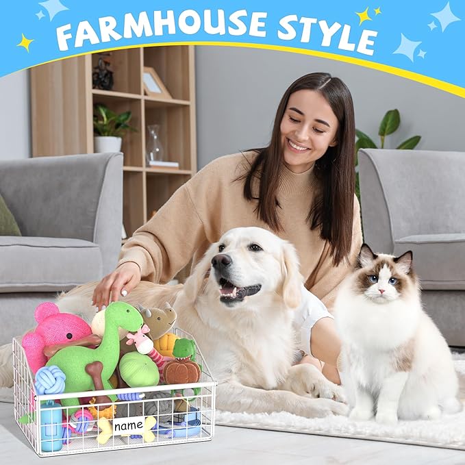 Indestructible Dog Toy basket, Small Toy Box for Dogs, Pet Toy Bin Dog Metal Basket for Toys, Dog Toy Storage, Dog Storage Organizer, Cat Dog Toy Box for Living Room Area (White)
