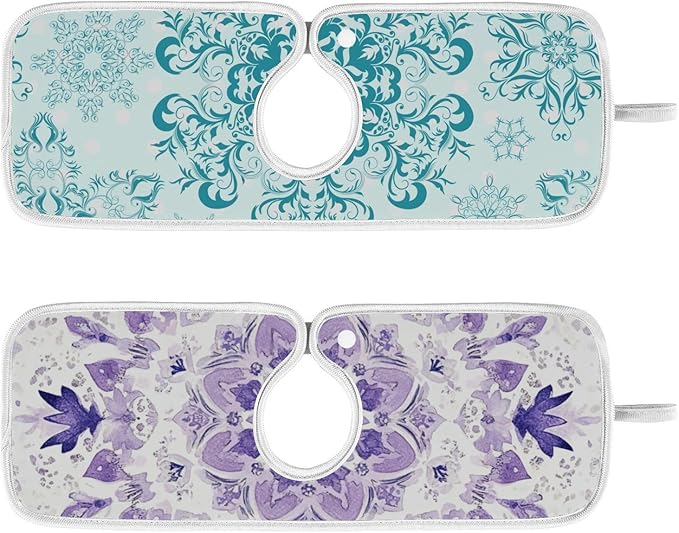 Sink Faucet Absorbing Mat Kitchen Sink Splash Guard Splash Faucet Drip Catcher for Bar RV Bathroom 2PCS 23.6x5.5in Lavender Flowers Teal Mandala Purple