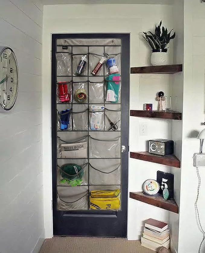 TidyMaster Extra Large Hanging Crystal Clear Over Door Shoe Organizer, Closet Shoe Rack with 12+6 Pockets, 8 Hooks, Grey (59"x 21.6")