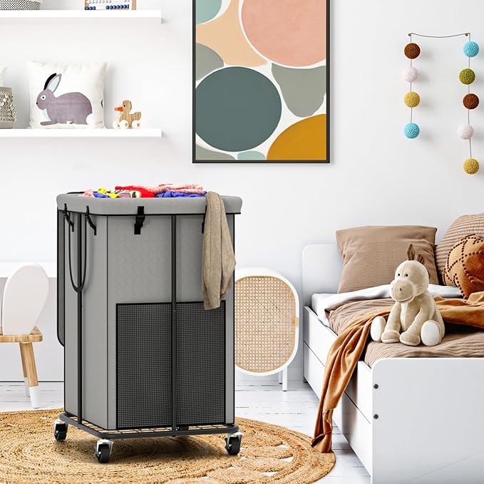 Large Laundry Hampers with Lid, Oxford Fabric Laundry Hampers, Metal Frame and Removable Bag Design with Wheels, Suitable for Bedroom, Bathroom, Dorm Room, Laundry Room (Grey with Lid)