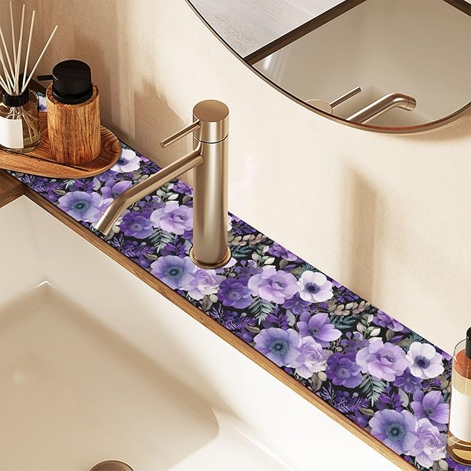 Purple Black Lotus Flower Kitchen Sink Splash Guard Sink Faucet Mat Faucet Handle Drip Catcher Drain Mats for Kitchen Bathroom Countertop Absorbent Dish Drying Pad 2Pack 30x5.4IN