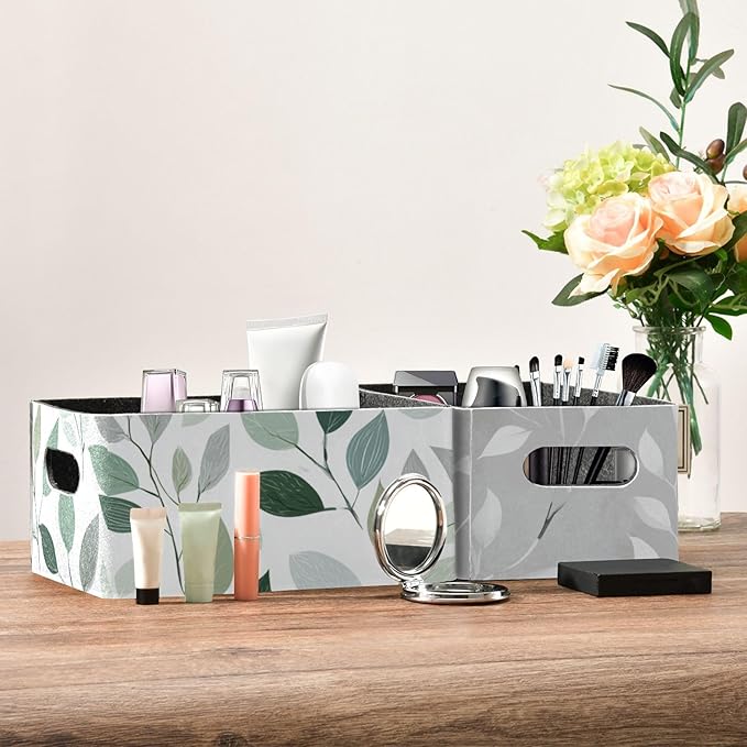 Sage Green and Grey Leaves Closet Storage Bins 2 Pcs Felt Open Home Storage Containers Organizer with Handles Collapsible Shelf Basket for Home Office Craft Room Classroom Fabric