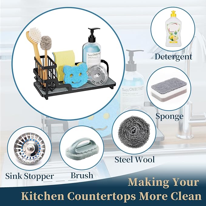 Consumest Sponge Holder for Kitchen Sink - Sink Caddy Organizer with Water Absorbing Stone Tray, Detachable Brush Holder, Stainless Steel Kitchen Counter Organizer Rack, Black