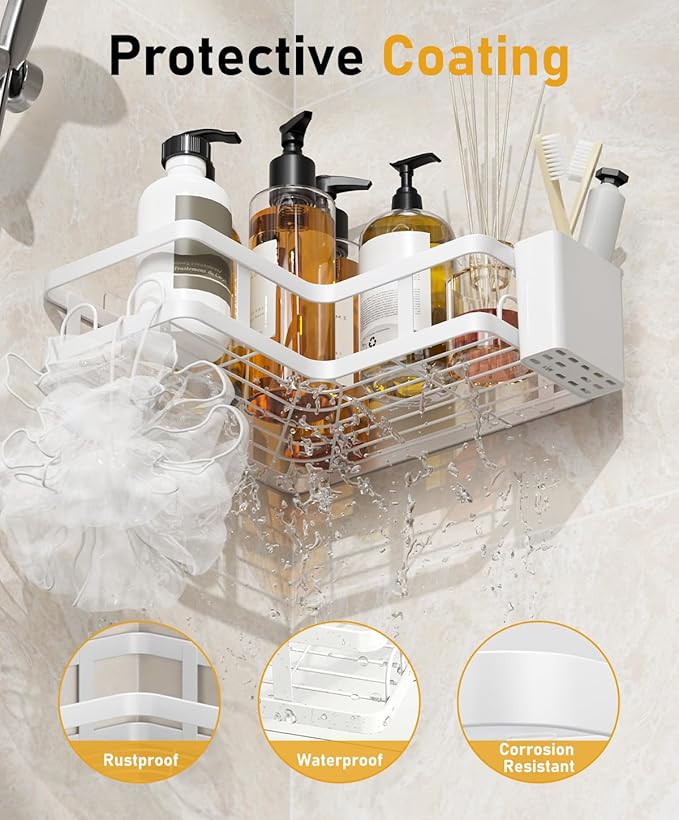 3 Pack Corner Shower Caddy Organizer, Rustproof Corner Shower Shelves, No Drilling Bathroom Corner Shelf with Hooks and Toothpaste Holder