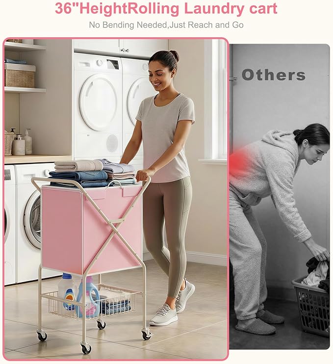 Convenient Laundry Basket with Wheels,36" High Easy Rolling Laundry Cart with Wheels,Heavy Duty Dirty Clothes Laundry Hamper with Handles Removable Bag for Seniors,Folding Metal Frame/Pink/98L