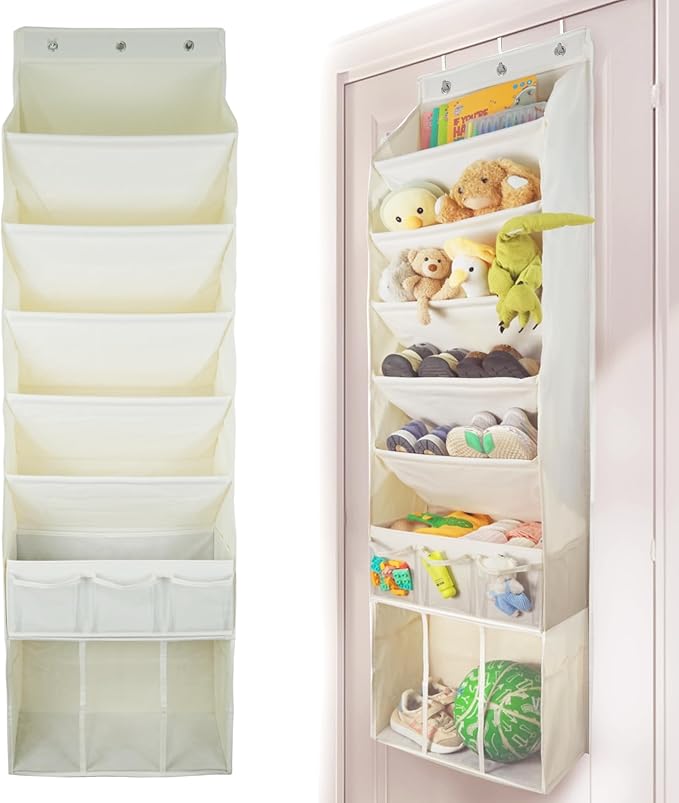 3in1 Over The Door Shoe Organizer with 5 Slanted Compartments,Removable Storage Bin & Transparent Pockets,Thickened Waterproof Oxford Fabric Shoes Rack for Shoes,Boots,Toys,Daily Essentials. (Beige)