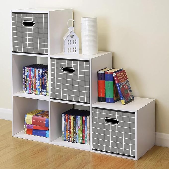 STOREONE Fabric Storage Bins Cubes Baskets Containers-(11X11X11) with Dual Handles for Shelf Closet, Nursery Home ， Bedroom Organizers, Foldable Set of 3 (Grey grid)