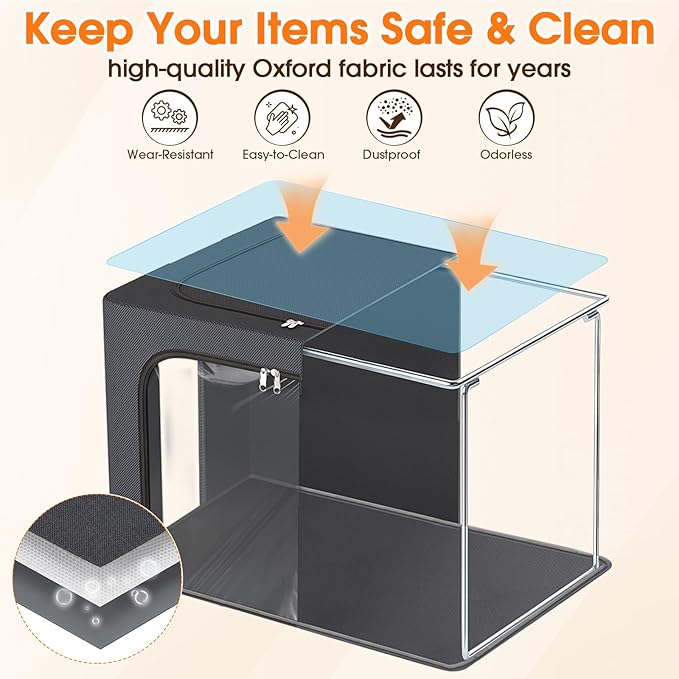3 Pack Clothes Storage Bins with Metal Frame,40L Storage Bags Fabric Box Organizer with Clear Window,Zippers,Sturdy Handles(3 Pcs,Light Grey,40L)