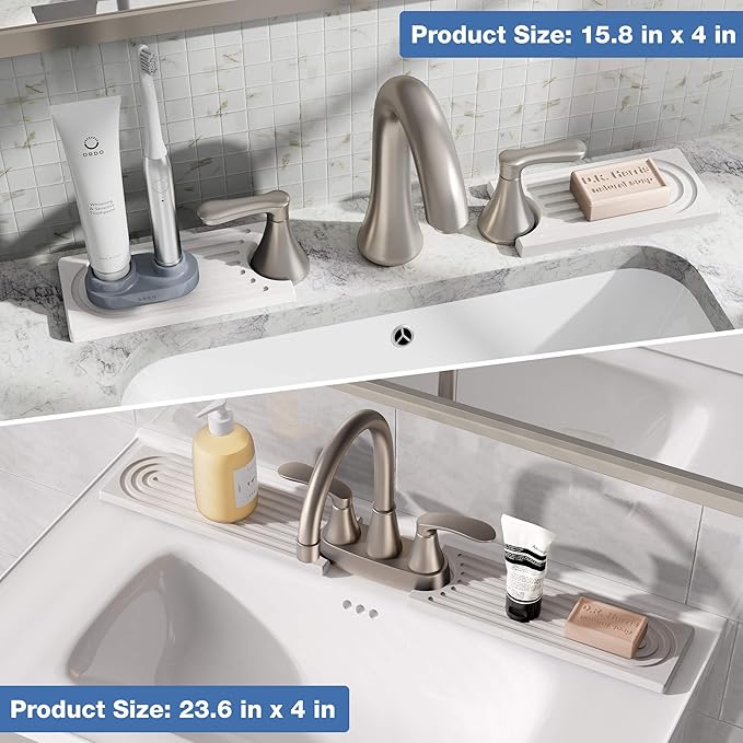 DK177 Diatomite Fast Drying Faucet Mat for Kitchen Sink, Water Absorbing Stone Tray, Faucet Splash Guard for Bathroom Counter, White, 23.6" x 4"
