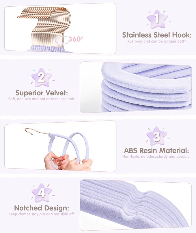 VIS'V Baby Hangers, 11 Inch Velvet Kids Hangers with 6 Pcs Clothes Size Dividers, Infant Toddler Nursery Closet Organization, Non Slip, Lavender, 50 Pcs