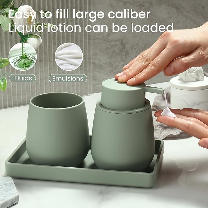 Bathroom Accessories Set, Modern 3 Pcs Bathroom Essentials - Soap Dispenser, Toothbrush Holder & Tray, Countertop Vanity Organizer (Green)