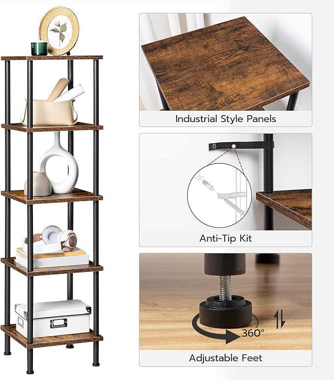 HOOBRO 5-Tier Corner Shelf Stand, Corner Square Rack Display Shelf, Tall Storage Plant Stand, Bookcase for Small Spaces, Living Room, Home Office, Kitchen, Rustic Brown and Black BF50CJ01