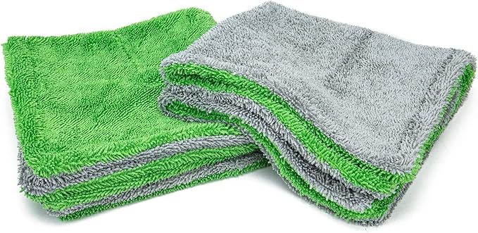 Autofiber Dreadnought Jr. Microfiber Car-Drying Towel, Superior Absorbency, Trucks and SUVs, Double-Twist Pile, One-Pass Vehicle-Drying Towel - Pack of 2, Green/Gray (16 inch x 16 inch)