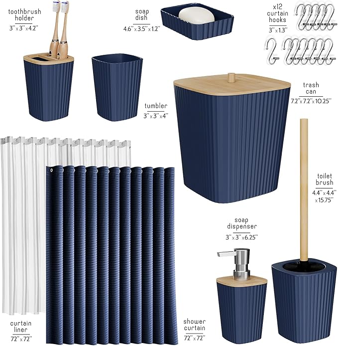 Clara Clark Bathroom Accessories Set - Bathroom Set, Bathroom Accessory Set, Shower Curtain Set, Toilet Brush, Trash Can & Soap Dispenser - Navy - 20PC