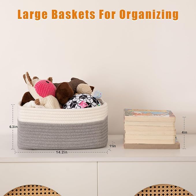 OIAHOMY 4 Pack Storage Baskets for Organizing, Small Bins for Shelves, Cute Decorative Storage Bins, Organizer Baskets for Gifts Empty, 14.2''Lx11''Wx6.3'H, Grey/White