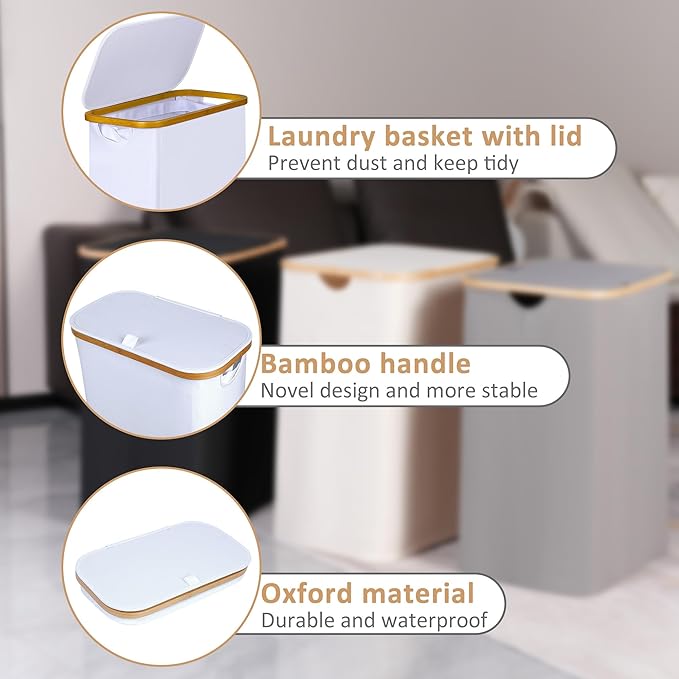 60L Slim Laundry Hamper, Narrow Laundry Basket with Lid,Foldable Clothes Hamper with Bamboo Handles,Hamper Basket with Removable Inner Bag for Laundry Room Bedroom College Dorm,15.85 Gals White