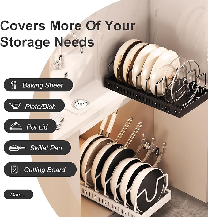 Pots and Pans Organizer Under Cabinet 2 Pack, Pull-Out Cabinet Organizer for Pot Lids, Bakeware, Dishes, 8 Adjustable Dividers (Black