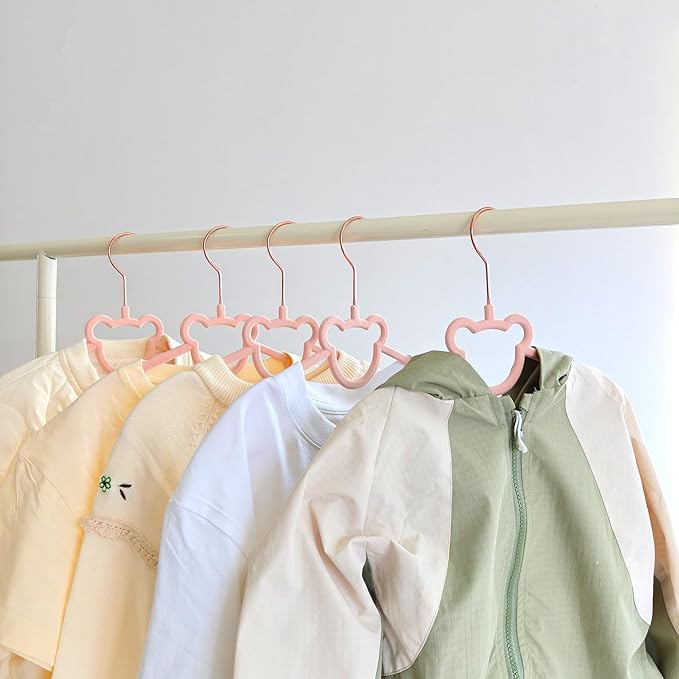 60 Pack Pink Velvet Baby and Kids Clothes Hangers - 12.6in for Ages 4-10, with Cute Bear, Rotating Rose Gold Hook, Non-Slip, Space-Saving Slim Felt Hangers for Toddler Coats, Jackets, Dresses