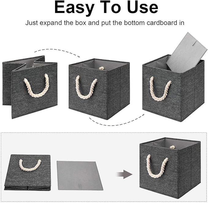 i BKGOO Foldable Storage Cube Bins Black Linen Fabric Collapsible Resistant Basket Box Organizer with Cotton Rope Handle for Home Office and Nursery 10.5x10.5x11 inch