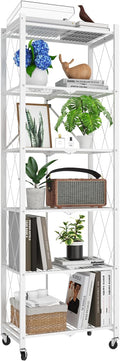 6 Tier Foldable Metal Storage Shelf with Wheels, 600 LBS Heavy Duty Collapsible Wire Shelving Unit, Rolling Utility Rack Cube Bookshelf for Kitchen Pantry Office Garage, 73" x 14" x 23" White