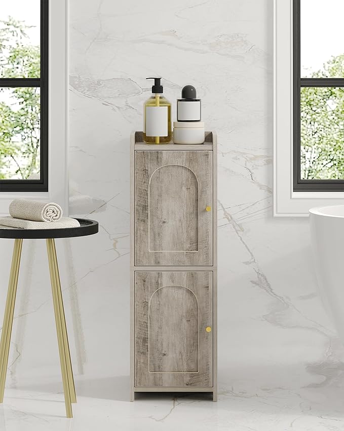 Bathroom Storage Cabinet, Small Corner Floor Cabinet with 2 Doors and Adjustable Shelf, Narrow Toilet Paper Cabinets, Bathroom Organizer for Small Spaces, 7.9" D x 9.8" W x 29.5" H Greige