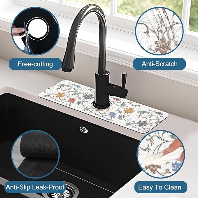 Art Ceramic Texture Sink Splash Guard Ceramic Flowers Faucet Absorbing Mat Fast Drying Mat Sink Gadgets Splash Guard Behind Faucet Drip Catcher for Kitchen Bathroom, 15.5"x5.5"
