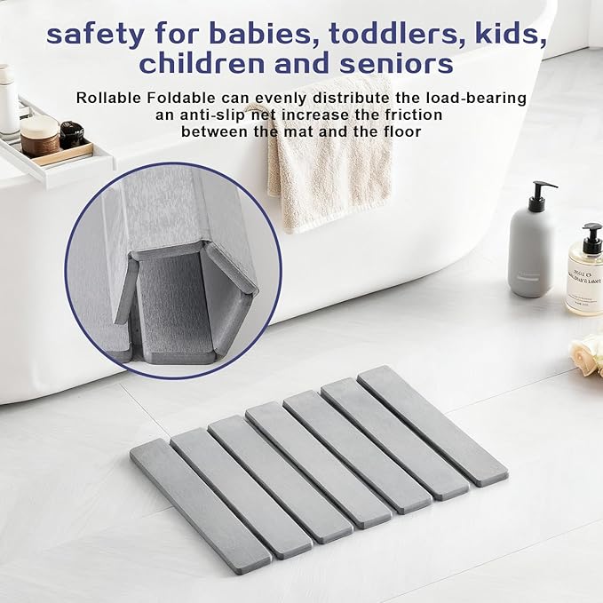 ODE TO ORDER 15.76 Inch Super Absorbent Diatomaceous Earth Mat for Bathroom, Light Grey Easy Clean Rollable Foldable Stone Bath Mat, Non-Slip Quick Dry Shower Mat for Kitchen, Outdoor Use